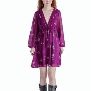 Steve Madden Womens Purple Floral Long Sleeve Rami Dress Large